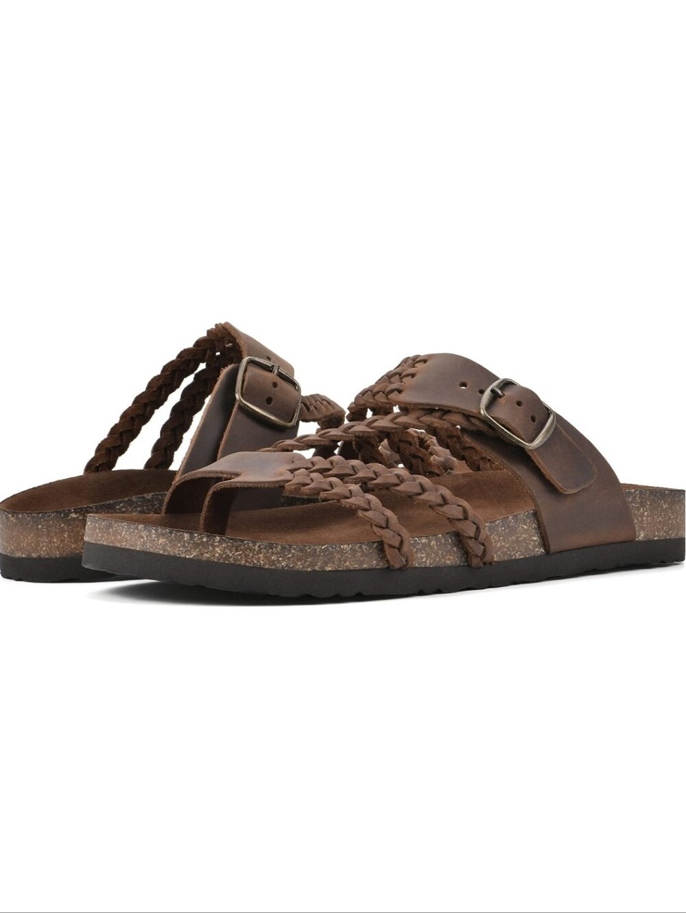 White Mountain Brown Braided Double-Strap Slide Sandals with Buckles